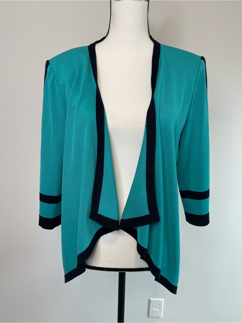 Ming Wang size large teal and navy blue open front cardigan blazer mature career